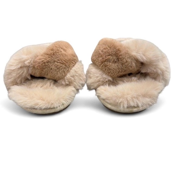 Anthropologie Lexi Slippers - Plush Crisscross Fur Slides M/L - Beige & Cream - Picture 3 of 7